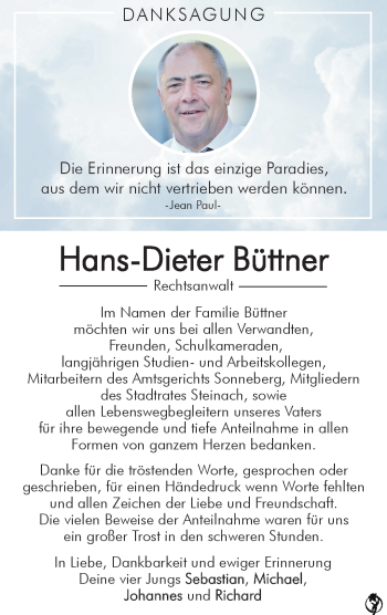 Traueranzeige von Hans-Dieter Büttner von Südthüringer Presse