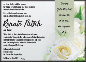 Traueranzeige von Renate Nitsch von Südthüringer Presse