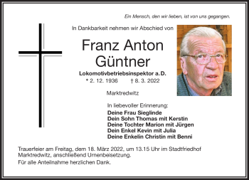 Traueranzeige von Franz Anton Güntner von Frankenpost