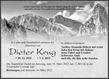 Traueranzeige von Dieter Krug von Südthüringer Presse