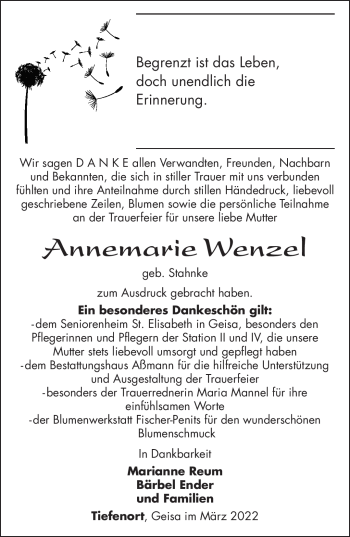 Traueranzeige von Annemarie Wenzel von Südthüringer Presse