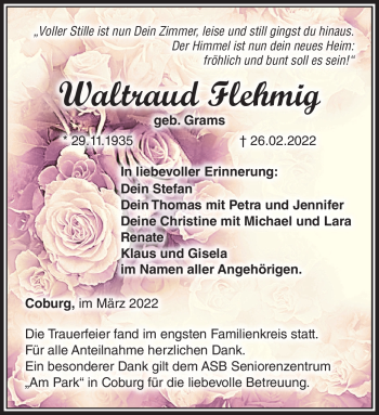 Traueranzeige von Waltraud Flehmig von Neue Presse Coburg