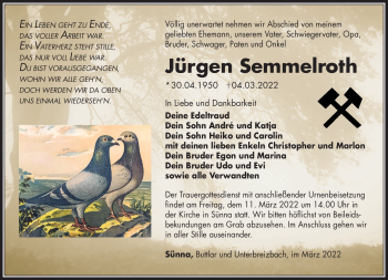 Traueranzeige von Jürgen Semmelroth von Südthüringer Presse