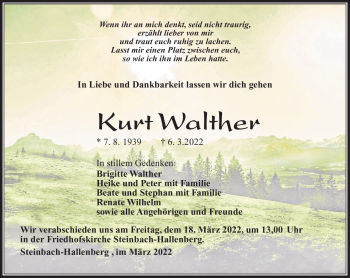 Traueranzeige von Kurt Walter von Südthüringer Presse