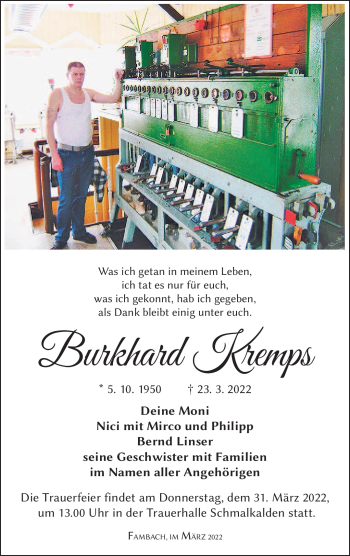 Traueranzeige von Burkhard Kremps von Südthüringer Presse