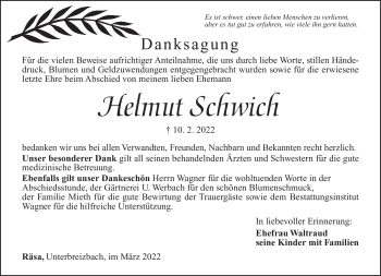 Traueranzeige von Helmut Schwich von Südthüringer Presse
