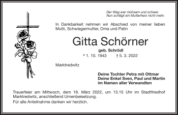 Traueranzeige von Gitta Schörner von Frankenpost
