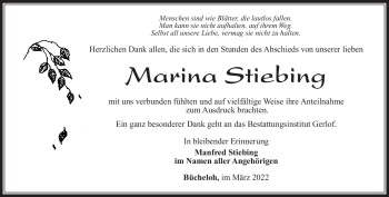 Traueranzeige von Marina Stiebing von Südthüringer Presse