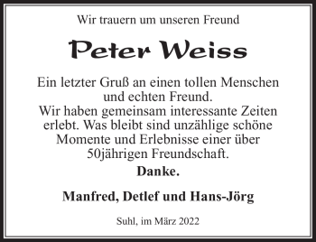 Traueranzeige von Peter Weiss von Südthüringer Presse