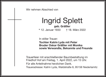 Traueranzeige von Ingrid Splett von Frankenpost