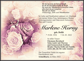Traueranzeige von Marlene Hony von Südthüringer Presse