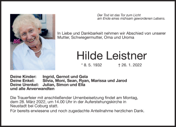 Traueranzeige von Hilde Leistner von Neue Presse Coburg