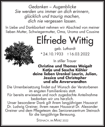 Traueranzeige von Elfriede Wittig von Südthüringer Presse