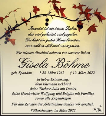 Traueranzeige von Gisela Böhme von Südthüringer Presse