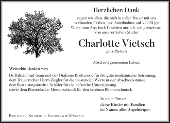 Traueranzeige von Charlotte Vietsch von Südthüringer Presse