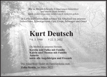 Traueranzeige von Kurt Deutsch von Südthüringer Presse