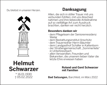 Traueranzeige von Helmut Schwarzer von Südthüringer Presse