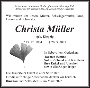 Traueranzeige von Christa Müller von Südthüringer Presse