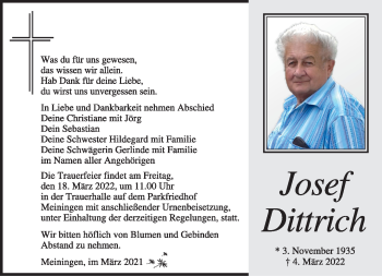 Traueranzeige von Josef Dittrich von Südthüringer Presse