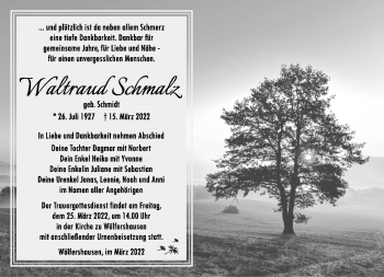Traueranzeige von Waltraud Schmalz von Südthüringer Presse
