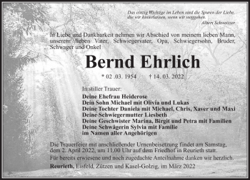 Traueranzeige von Bernd Ehrlich von Südthüringer Presse