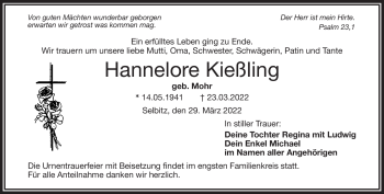 Traueranzeige von Hannelore Kießling von Frankenpost