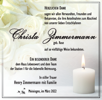 Traueranzeige von Christa Zimmermann von Südthüringer Presse