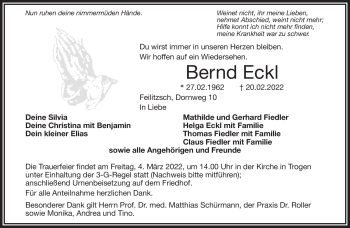 Traueranzeige von Bernd Eckl von Frankenpost