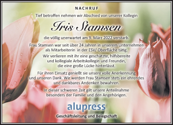 Traueranzeige von Iris Stamsen von Südthüringer Presse