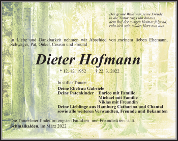 Traueranzeige von Dieter Hofmann von Südthüringer Presse