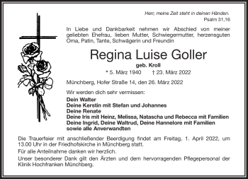 Traueranzeige von Regina Luise Goller von Frankenpost