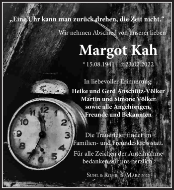 Traueranzeige von Margot Kah von Südthüringer Presse