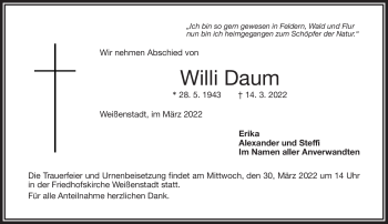 Traueranzeige von Willi Daum von Frankenpost