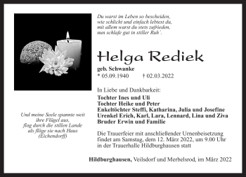 Traueranzeige von Helga Rediek von Südthüringer Presse