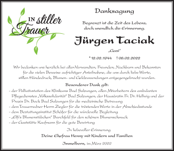 Traueranzeige von Jürgen Taciak von Südthüringer Presse