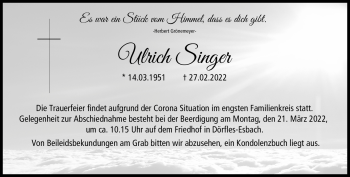 Traueranzeige von Ulrich Singer von Neue Presse Coburg