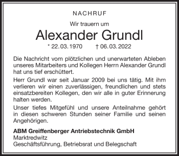 Traueranzeige von Alexander Grundl von Frankenpost