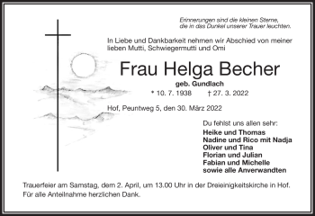 Traueranzeige von Helga Becher von Frankenpost