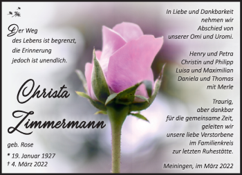 Traueranzeige von Christa Zimmermann von Südthüringer Presse