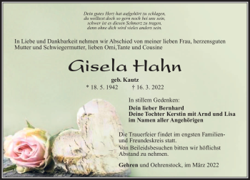 Traueranzeige von Gisela Hahn von Südthüringer Presse