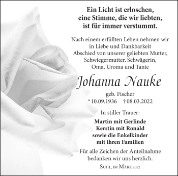 Traueranzeige von Johanna Nauke von Südthüringer Presse