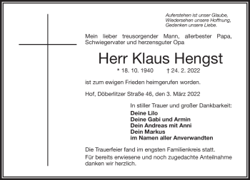 Traueranzeige von Klaus Hengst von Frankenpost