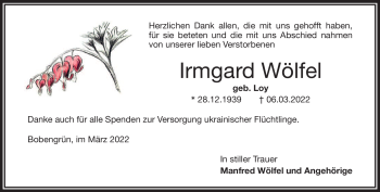 Traueranzeige von Irmgard Wölfel von Frankenpost