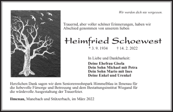 Traueranzeige von Heimfried Schoewest von Südthüringer Presse