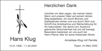 Traueranzeige von Hans Klug von Frankenpost