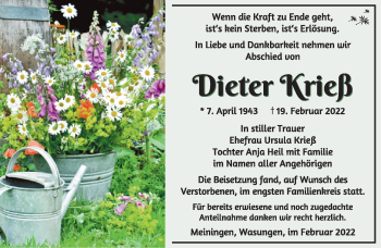 Traueranzeige von Dieter Krieß von Südthüringer Presse