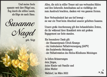 Traueranzeige von Susanne Nagel von Südthüringer Presse