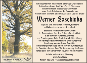Traueranzeige von Werner Soschinka von Südthüringer Presse