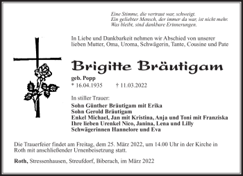 Traueranzeige von Brigitte Bräutigam von Südthüringer Presse