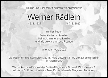 Traueranzeige von Werner Rädlein von Neue Presse Coburg